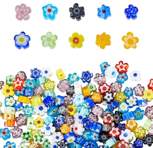 DICOSMETIC 2 Stränge Millefiori Glas Perlen Flache Blumen Perlen Bunte Mosaik Blumen Perlen Würfel Millefiori Perlen Handgefertigte Millefiori Perlen Für Die Schmuckherstellung Ca. 176-220 Stück