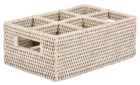 Rattan Storage Basket 6 Compartment Premium Ketak Rattan Multi Purpose Hand Woven Basket (White)