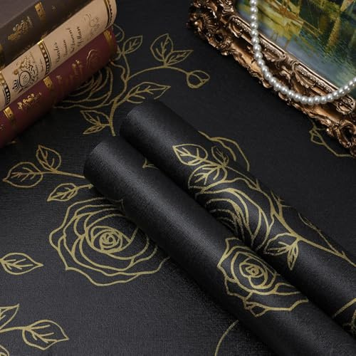 Amiya Black and Gold Floral Wallpaper Peel and Stick Wallpaper line Boho Retro Renovation of bedrooms,cabinets,etc Contact Paper PVC Removable Wall Paper44cm x 305cm