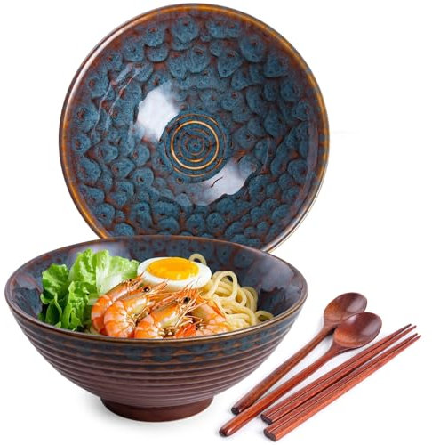 Auanlay Lot de 2 bols à ramen en céramique avec cuillères et baguettes, queue de paon 1200 ml