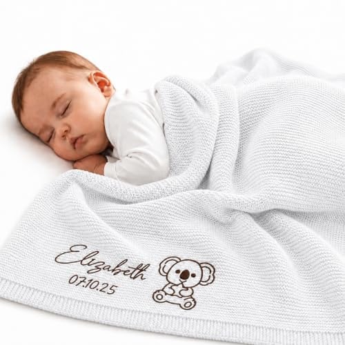 Stepdiy Personalisierte Babydecke Aus Baumwolle Mit Besticktem Namen | Babydecke Personalisiert, Weiche Strickdecke Für Neugeborene, Jungen Und Mädchen, Personalisiertes Babygeschenk Zur Geburt