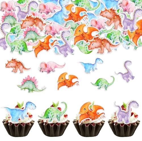 Lot de 50 décorations d'anniversaire dinosaures - Idéal pour les fêtes dinosaures, la décoration de gâteaux, les muffins et les décorations de gâteau - Décoration parfaite pour fête à thème dinosaure