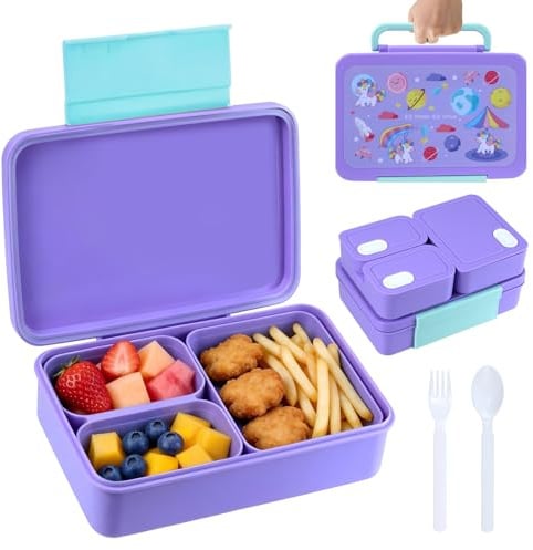 lompyeu Porta Pranzo, 1200ml Lunch Box con Posate,3-en-1 Lunch Box Bambini,Sin BPA – Apta para Microondas y Lavavajillas (Viola)