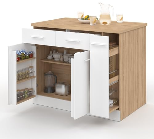 IDMarket - Isla central ALTO con puertas, contenedores, cajones, cajones y encimera de haya y blanco