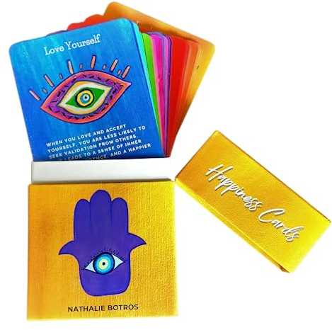 Happiness Cards - A 50 Happy Card Deck Filled with Daily Happiness Tips - Handcrafted Joy Card Deck with Evil Eye Design - Happiness Everyday Tips