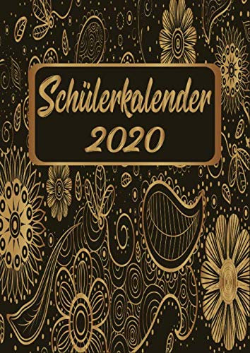 Schülerkalender 2020: Kalender DIN A4 2020 1 Tag = 1 Seite mit großem Tagesplaner und großartiger Übersicht. Monatsübersicht, Erinnerung und Notizen ... Gold Schwarz Blumen Retro Vintage
