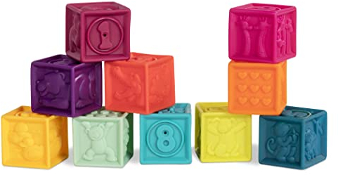 B. toys - Giocattolo per bambini, con torre impilabile, mattoncini da costruzione, giocattolo educativo, dadi da gioco con numeri e animali a partire dai 6 mesi, 10 pezzi