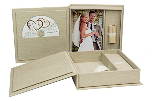 Scatola porta CD/USB per matrimonio con scatola per foto. Tessuto di lino naturale.