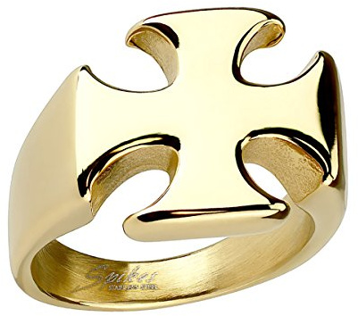 Piersando Herren Ring Biker Edelstahl mit Eisernes Kreuz Iron Cross Templerkreuz Motiv Herrenring 22mm Breit Gold Größe 61 (19.4)