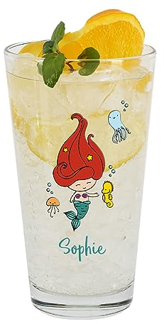 Stirefchen® Trinkglas für Kinder mit Namen personalisiert, Motivauswahl, 300 ml (Meerjungfrau)