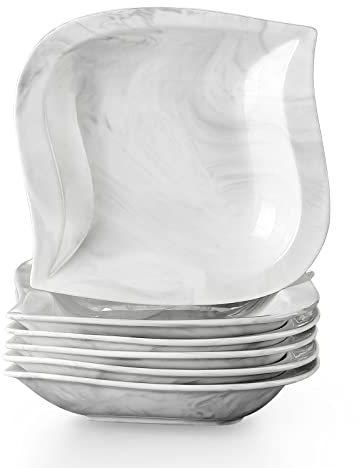 MALACASA, Série Elvira, 6 Assiettes en Porcelaine,Motif en Marbre, Assiette Creuse, Grise, Plats Creuses pour 6 Personnes