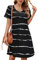 Damen Sommer Tshirt Kleid Locker Rundhals Kurzarm Midi Kleider Elegant Blumen Sommerkleid Knielang Strandkleid Lässig Midikleid Freizeitkleid mit Taschen, D Gestreift Schwarz, M