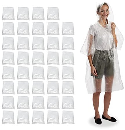 Relaxdays 40 x Regenponcho Einweg, Einmal Regencape mit Kapuze, Erwachsene, Notfallponcho Unisex, Einheitsgröße, transparent