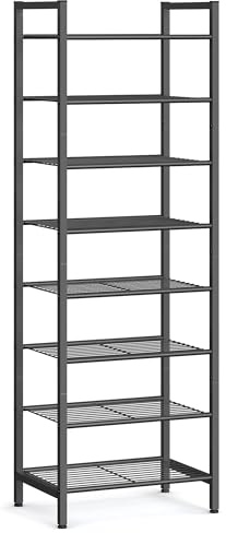 SONGMICS Narrow Shoe Rack, Sturdy 8 Tier Metal Tall Shoe Rack Shelf, Slim Shoe Storage Organizer for Closet Entryway Small Spaces, Vertical Shoe Stand Tower for 18 Pairs Shoes, Easy Assembly, Black