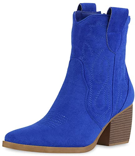 VAN HILL Damen Stiefeletten Cowboy Boots Trichterabsatz Schuhe Stickereien Western Booties Holzoptikabsatz Schuhe 212248 Blau Velours 37