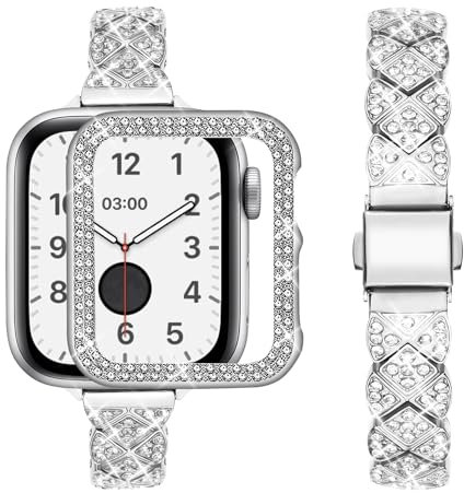 wutwuk Brillante Correa Compatible Apple Watch Mujer 44mm con Diamantes, Correa de Acero Inoxidable Delgada con Funda Protetora para Apple Watch series 6 5 4 y iWatch SE-Plata 44mm