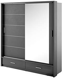 MINIO go for it - ARTI Kleiderschrank mit Spiegel 200cm Breit I Kleiderschrank Schwarz I Schiebetürenschrank mit Kleiderstange und Einlegeboden I Schlafzimmerschrank I Schlafzimmer Möbel