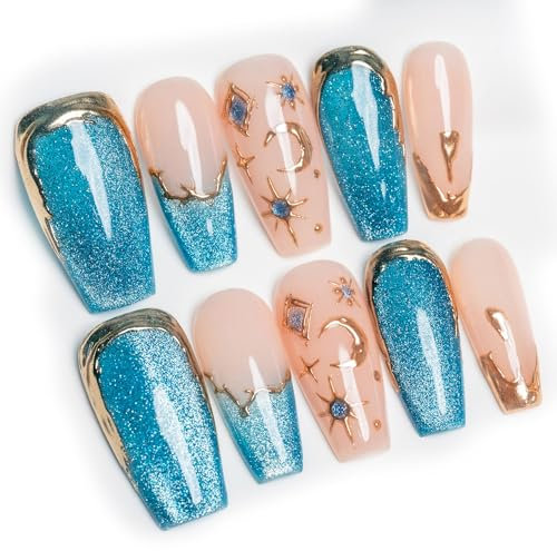 Sun&Beam Nails Handgefertigte Kunstnägel Mittel Lang Sargform Ballerina Nägel zum Aufkleben in Blau Gold Rosa Magnetisches Französische Handgemalt Design mit Klebepads 10 Stück (#082 M)