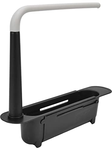 Lwuey Telescopic Over Sink Sponge Holder, Expandable Adjustable Caddy for Dish Soap Brushes Towels Kitchen Organizer with Drain Tray Dishcloth Hanger Black