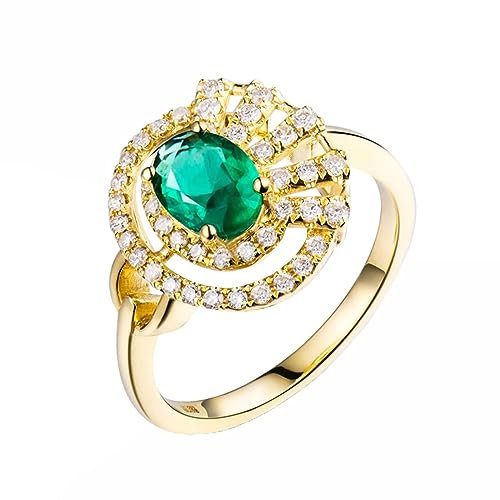 Verlobungsring Grün, Vintage Ring Damen 18K Gelbgold Smaragd Hohler Ovaler Smaragd Von 0,69 Kt mit Diamant Von 0,31 Kt Gold Gr.49 (15.6)