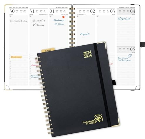 POPRUN Kalender 2025 Buchkalender (Aug.2024-Dez.2025) Ringbuch mit Hardcover, ca. A4 (25,5 x 20,5 cm), 17-Monate-Terminplaner, Wochenplaner 2025 mit Plastiklineal - Schwarz