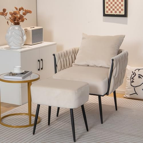 RELAX4LIFE Fauteuil de Salon avec Repose-Pieds, Fauteuil d’Appoint en Velours avec Profondeur d'Assise 58 cm| Oreiller Confortable | Pieds Métalliques Robustes| Patins Ajustables 65X66X80CM, Beige