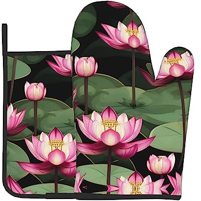 Lotu's - Set di 2 presine e presine asiatiche con stampa floreale, guanti resistenti al calore per barbecue, pasticceria, cucina, forno