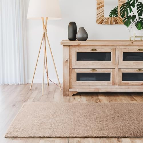 Interiyou Fargo - Teppich Wohnzimmer 80x300 cm Taupe - Kurzflor Waschbar und rutschfest - Flauschiger Fellteppich aus Kunstfell - weicher Langflor Fell