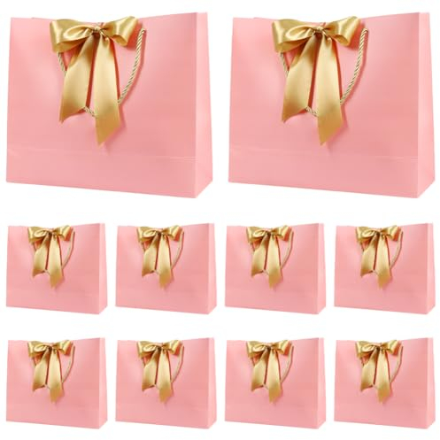 Gift Bag, 10pcs Medium Gift Bags for Presents with Gold Ribbon for Small Gifts and Medium Gifts on Baby Shower, Birthday Party, Wedding, Mother's Day, Valentines for Women, Baby Girl (Pink)