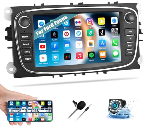 CAMECHO Android 13 Autoradio mit Navi für Ford Focus C-Max S-Max Mondeo Kuga Galaxy, 7 Zoll Touch Bildschirm Doppel Din Radio mit Bluetooth GPS Navi WiFi FM/EQ/SWC + Rückfahrkamera + CANBUS