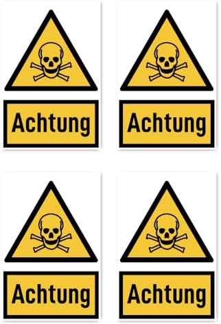 Aufkleber: 150x100 mm, 4 Stück - Signalwort Achtung vor giftigen Stoffen - Warnzeichen mit Text (deutsch) (gelb/schwarz) - hochkant - W016 - DIN EN ISO 7010 / ASR A1.3