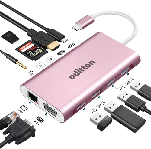 USB C Hub, oditton 11 in 1 USB C Docking Station with 4K HDMI, 4 USB A, VGA, 100W PD, Ethernet, SD/TF, 3.5MM Audio, USB C Adapter for Mac Pro/Air, Surface Pro and More Type C Devices
