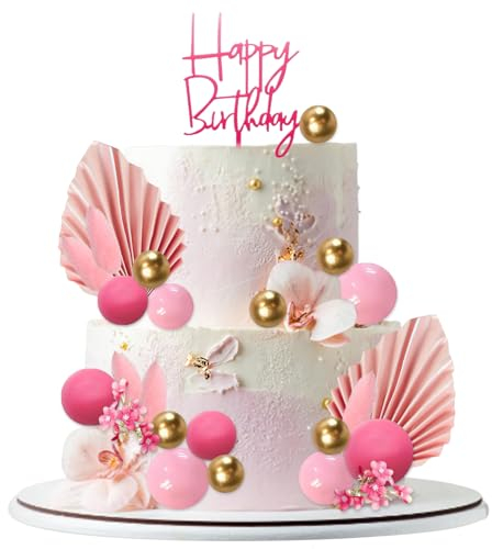 29 Stück Boho Tortendeko, Tortendeko Rosa, Tortendekos Hochzeit, Happy Birthday Topper, Hot Pink Gold Bälle Kuchen Dekor, Boho Tortendekos Kuchen Topper Geburtstag Mädchen, Tortenaufsatz für Hochzeit