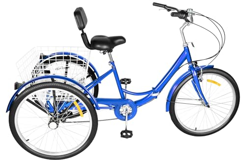 awolsrgiop Dreirad für Erwachsene, 24 Zoll 7 Gang Dreirad Erwachsene Adult Fahrrad Erwachsenendreirad für Erwachsene, Senioren und Fahranfänger, 3-Rad-Fahrrad mit Einkaufskorb (Blau)