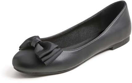 Feversole Women's Round Toe Cute Bow Trim Ballet Flats Dolly Shoes Black Vegan Leather 7 UK