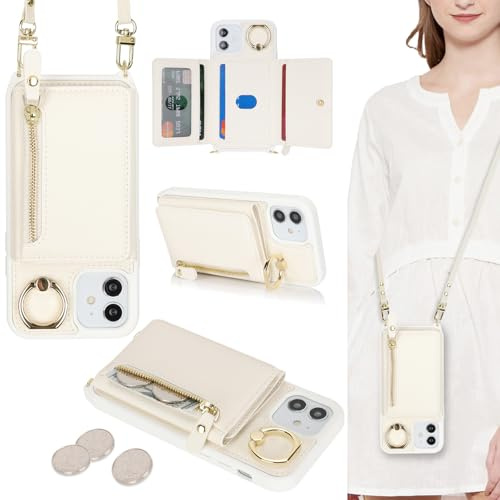 ELTEKER Handyhülle für iPhone 12 Mini Hülle mit Band Kartenfach Ringhalterung Geldbörse,Leder Klapphülle Umhängetasche Handytasche für iPhone 12 Mini - weiß