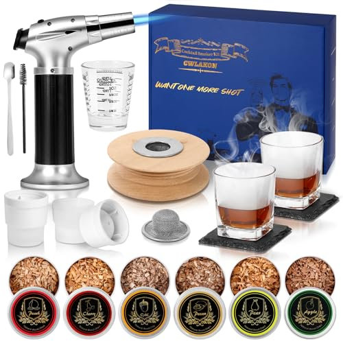CWLAKON Kit de Fumeur de Cocktail avec Torche, kit fumoir à Whisky avec 6 copeaux en Bois, Bourbon Old Fashioned Drink Smoker Kit, Cadeaux d'anniversaire de Noël pour Homme(sans Butane)