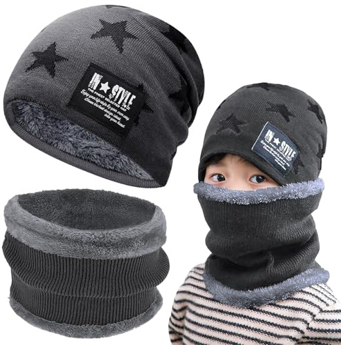 Axinyijia Ensemble Bonnet d'Hiver et Cache Cou Polaire pour Enfant, Tour de Cou Garçon, Écharpe Avec Doublure Polaire 5-10 Ans (Gris)