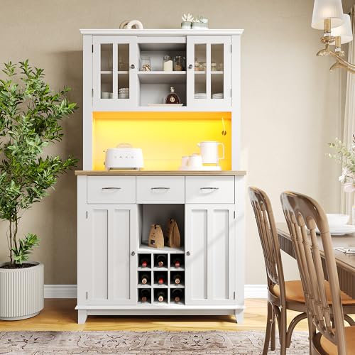 Soweiz Vitrinenschrank, Küchenschrank, Hochschrank Küchenbuffet, Buffetschrank mit Verstellbaren Ablagen, Sideboard mit LED-Beleuchtung, Buffetschrank,106 x 40 x 179.5 cm (Weiße Schublade)