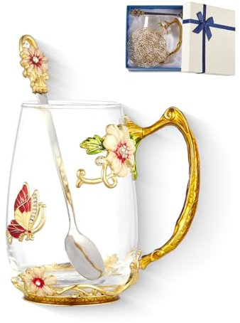 Fancy Coffee Mug ,Butterfly Daisy Clear Glass Flower Tea Cup with Spoon,Gift Box for Mom Her Wife Grandma Girls Friends Valentines Christmas Birthday Present Idea for Juice,Hot And Cold Drinks Use