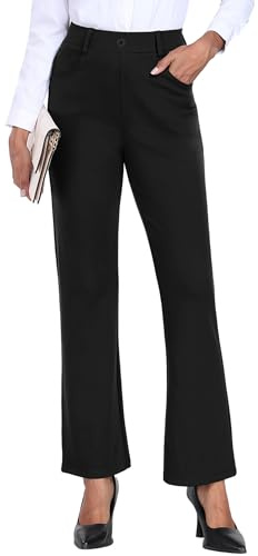GRECERELLE Womens Work Trousers Office Smart Stretchy High Elasticated Waist Straight Leg Casual Yoga Pants for Women UK with Pockets Zipper