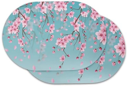 Poceacles Tischsets, rutschfest, öldicht, oval, hitzebeständig, PU-Leder, Tischmatten für Zuhause, Bauernhaus, runder Tisch, 46 x 31 cm, Pfirsichblüte, 2 Stück