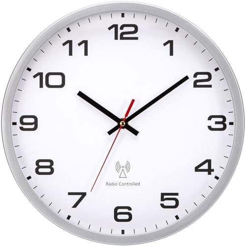 Warminn Radio-Controlled Clock 30 cm Quartz Battery Operated Large Wall Clock Easy to Read for Room Home Kitchen Bedroom Office School (White + Silver, 30 cm)