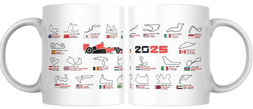 Taza personalizada Fórmula 1 con Calendario y Circuitos 2025. Incluye Calendario de Bolsillo. Regalo Original. (F1 2025)