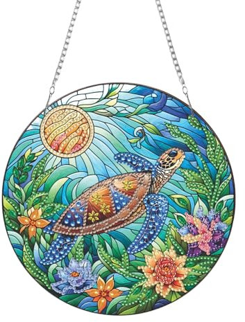 Zamety Diamond Painting Schildkröte, Diamond Painting Anhänger mit Kette, 5D Diamant Türkranz Kinder Erwachsene Diamantmalerei Hängende Ornament für Fenster Wand Deko