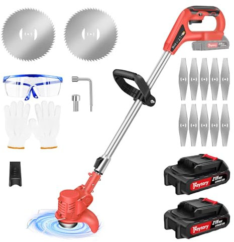 Tagliabordi a Batteria, Tagliabordi, Tagliaerba, Tagliabordi a Lama Metallica con 2X Batteria al Litio da 21 V e Caricatore Rapido, 12 Lame Metalliche per il Giardino per Eliminare le Erbacce
