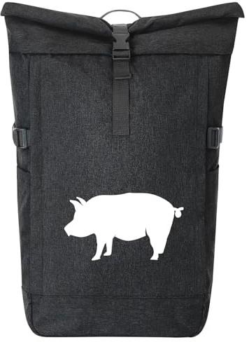 Huuraa Kurierrucksack Schwein Silhouette Geschenk | 30-44 Liter Backpack Black Melange Fairtrade Rolltop Rucksack Geschenkidee Schwarzer Laptop-Rucksack passend für 17-Zoll