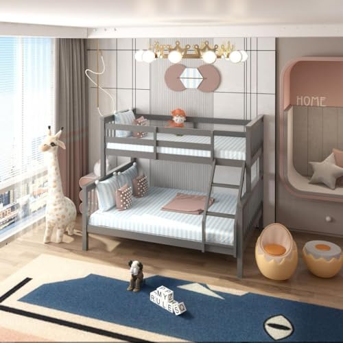 Bunk Bed for Kids – Double or Triple Sleeper, With or Without Mattress, Wooden Frame with Safety Rails & Ladder – Space-Saving Design (Grey, Triple with Mattress)