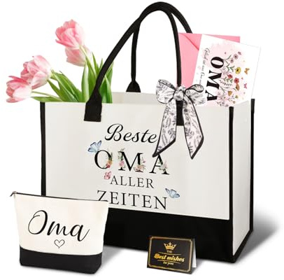 Giftota Oma Geschenk, Geschenk für Oma – Muttertagsgeschenk für Großmutter Geburtstag, Canvas Einkaufstasche & Kosmetiktasche, Grußkarte – Geschenkidee für Großmutter Geburtstag, Weihnachten Muttertag