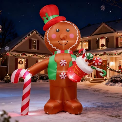 Aufblasbare Weihnachtsdeko: 2,4M/ 8FT Lebkuchenmann Deko Aufblasbare Weihnachtsdekoration mit LED Beleuchtet - XXL Weihnachtsdeko IP44 Wetterfest für Außen Innen Garden Rasen Hof (AA)